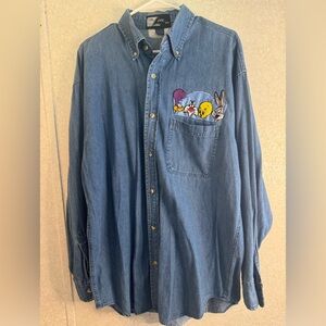 Vintage Looney Tunes 1992 Denim Button Down Oversized Medium Embroidered Pocket